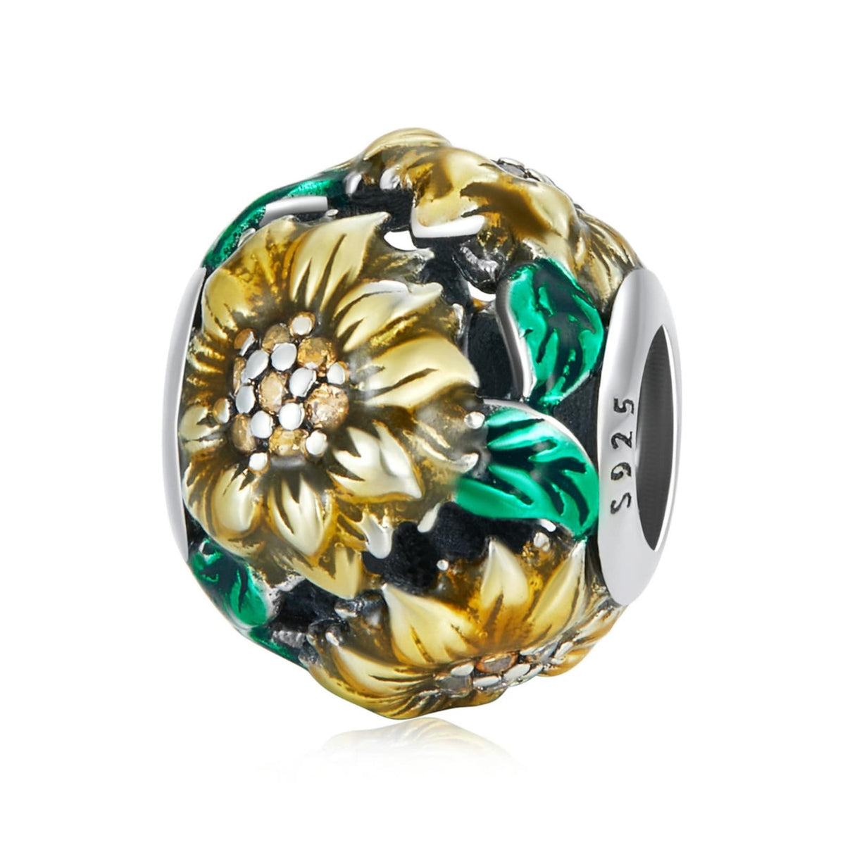Sunflower Round Bead Charm Hallmarked S925 Sterling Silver For Women's Bracelet