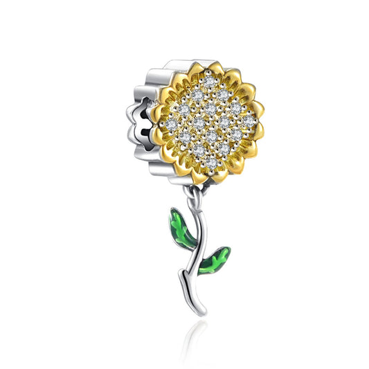 Yellow Sunflower Dangle Charm Hallmarked S925 Sterling Silver For Women's Bracelet