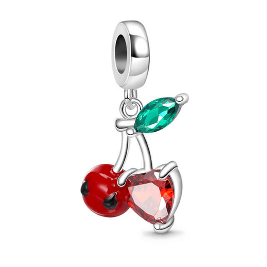 Asymmetrical Cherry Fruit Heart Leaf Dangle Charm Hallmarked S925 Sterling Silver
