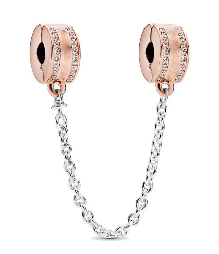 Sparkling Gold Clear Safety Chain Charm Hallmarked S925 Sterling Silver