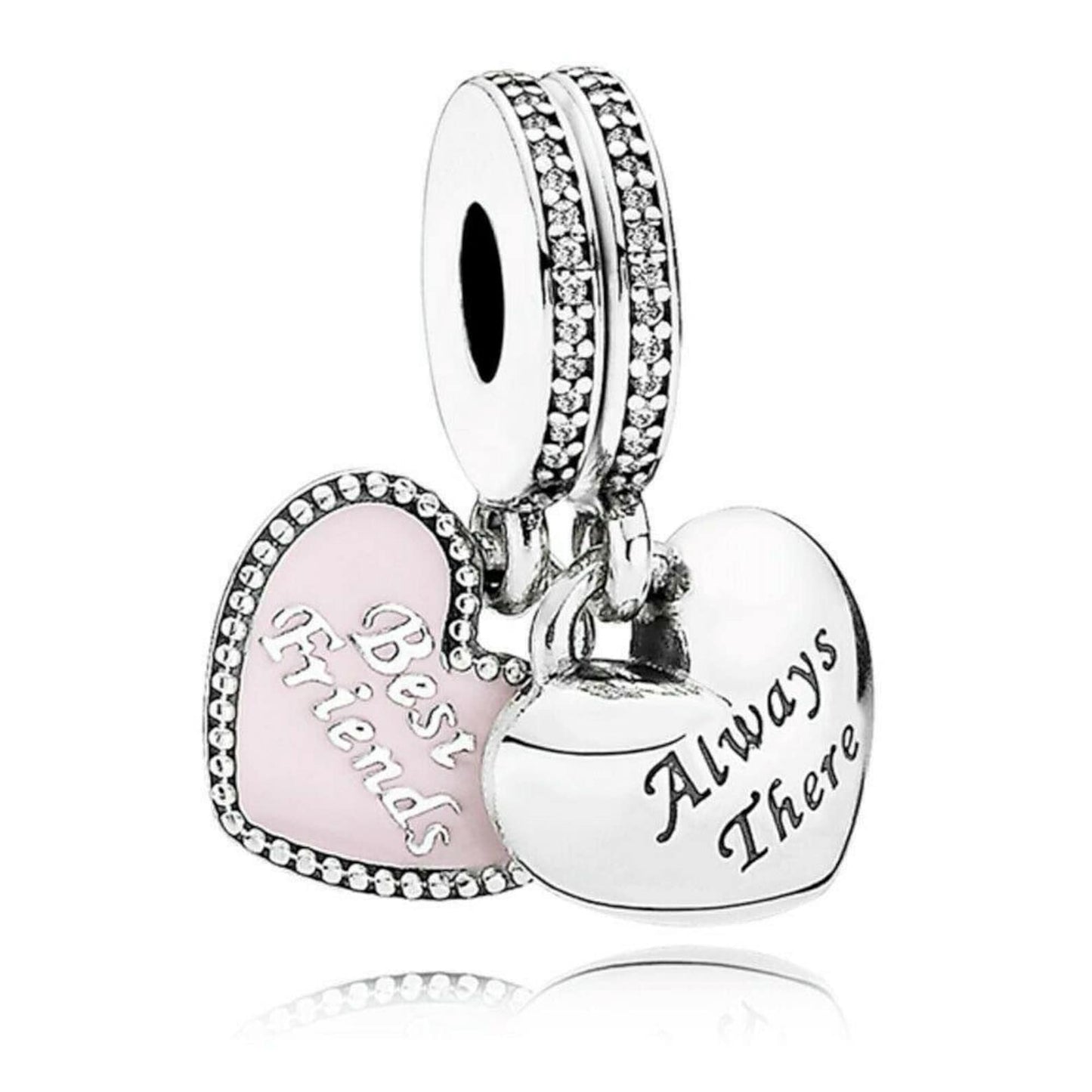 Best Friend Always There Pink Heart Double Dangle Charm Hallmarked S925 Sterling Silver