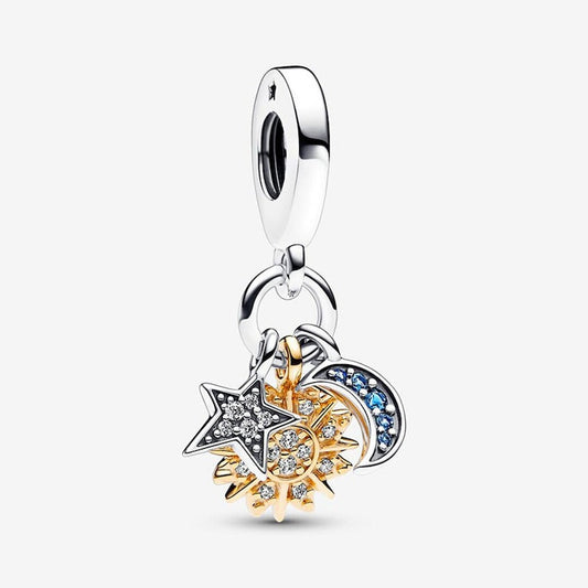 Two-Tone Celestial Sun Star & Moon Triple Dangle Charm Hallmarked S925 Sterling Silver