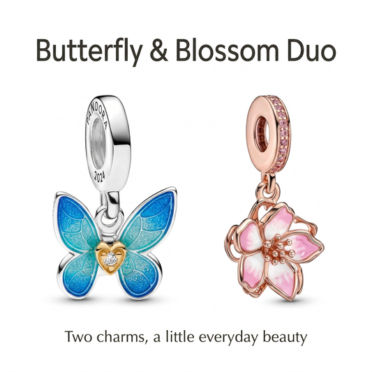 Blue butterfly and pink cherry blossom dangle charms with text Butterfly & Blossom Duo and Two charms, a little everyday beauty