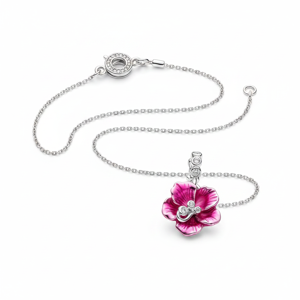 Pink flower charm - top down view white background