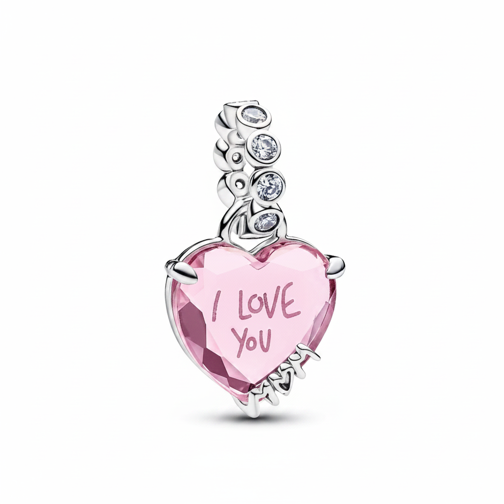 I Love You Heart Dangle Charm in 925 Sterling Silver with pink crystal