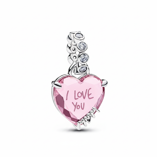 I Love You Heart Dangle Charm in 925 Sterling Silver with pink crystal