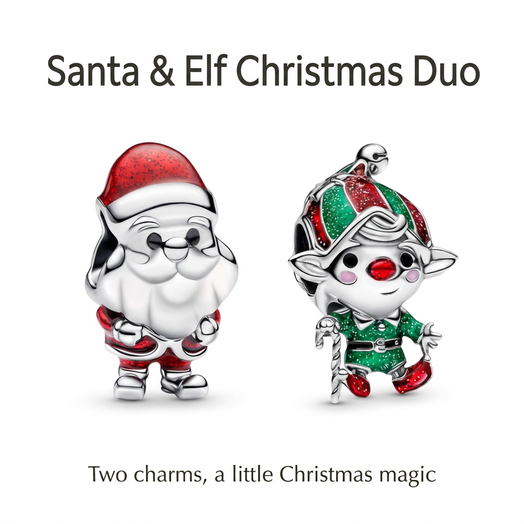 Santa and green elf charms with text Santa & Elf Christmas Duo and Two charms, a little Christmas magic