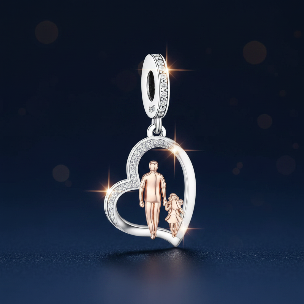Father and daughter heart dangle charm in 925 sterling silver and rose gold on navy and gold background
