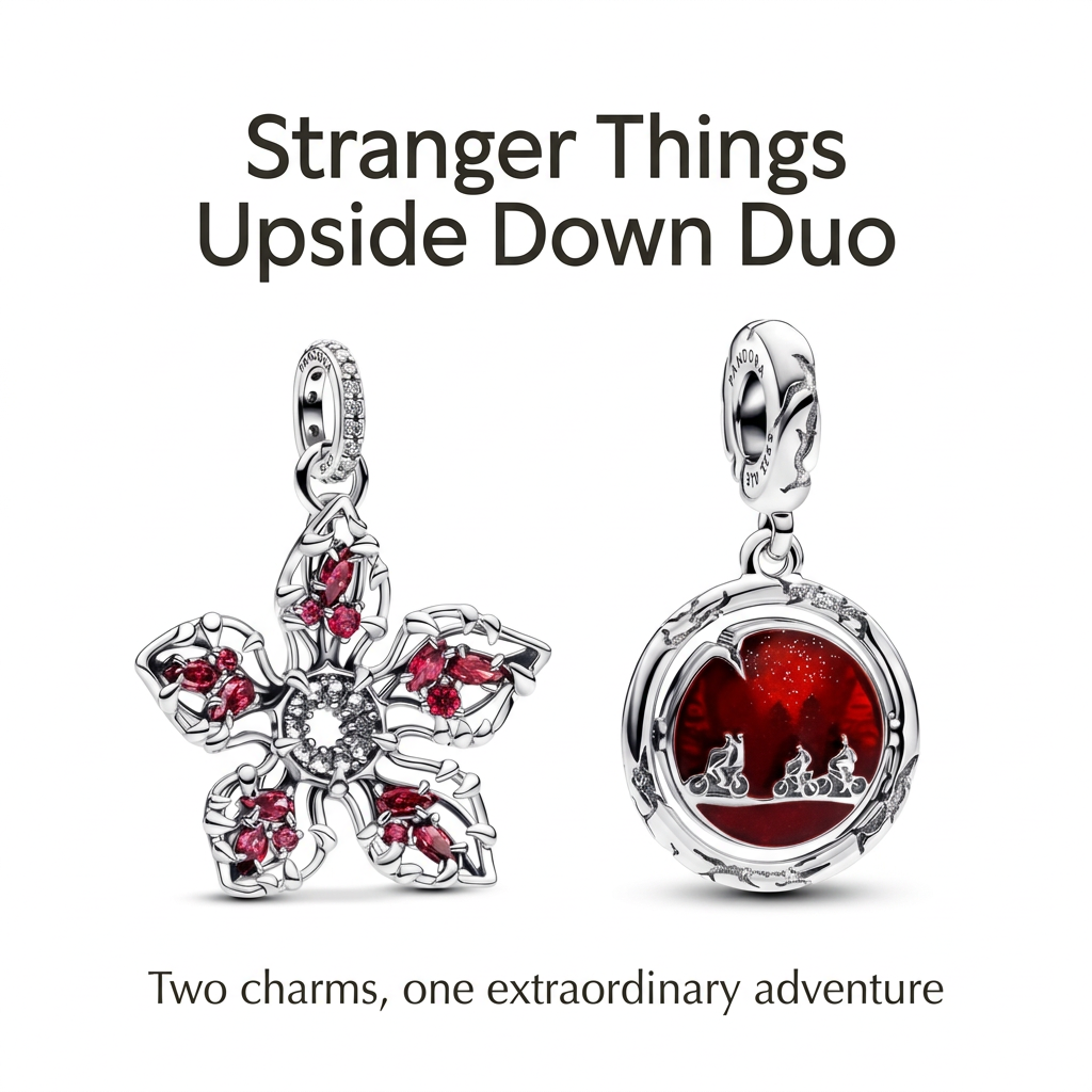 Red-stone Demogorgon dangle and round red Upside Down scene charm with bundle title and Two charms, one extraordinary adventure caption