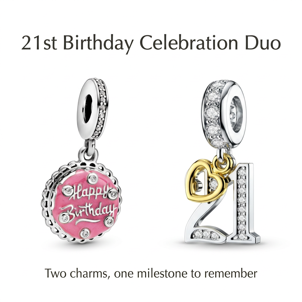 Pink Happy Birthday cake charm beside number 21 charm with the caption Two charms, one milestone to remember