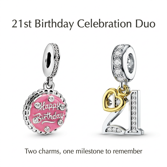 Pink Happy Birthday cake charm beside number 21 charm with the caption Two charms, one milestone to remember