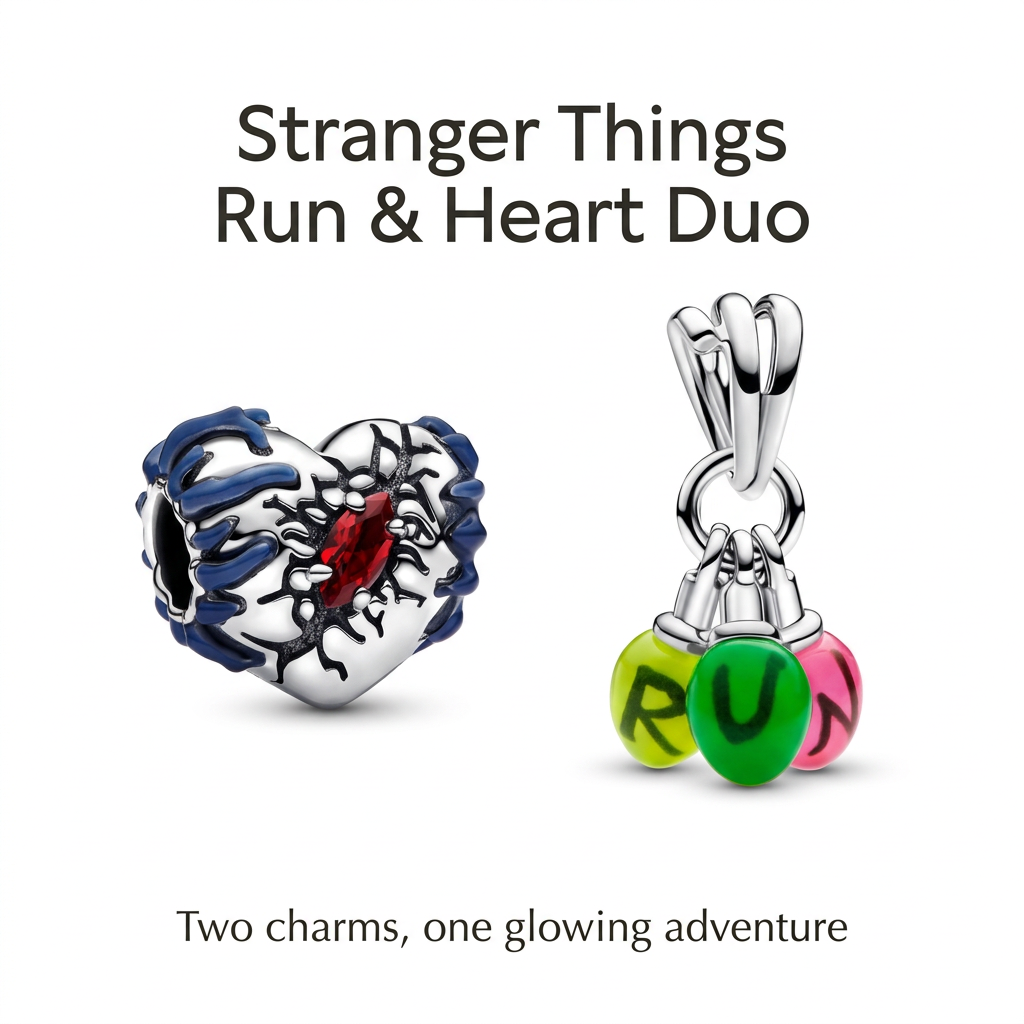 Silver heart bead charm and colourful RUN lightbulb dangle with title Stranger Things Run & Heart Duo and caption Two charms, one glowing adventure