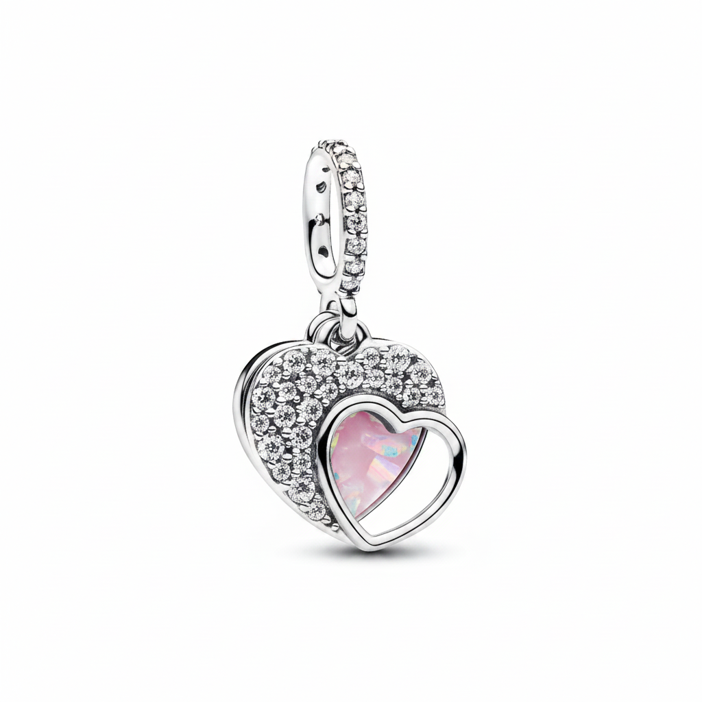 Double Heart Dangle Charm for Mum in 925 Sterling Silver with pavé CZ and pink opalescent stone