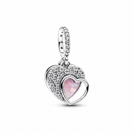 Double Heart Dangle Charm for Mum in 925 Sterling Silver with pavé CZ and pink opalescent stone