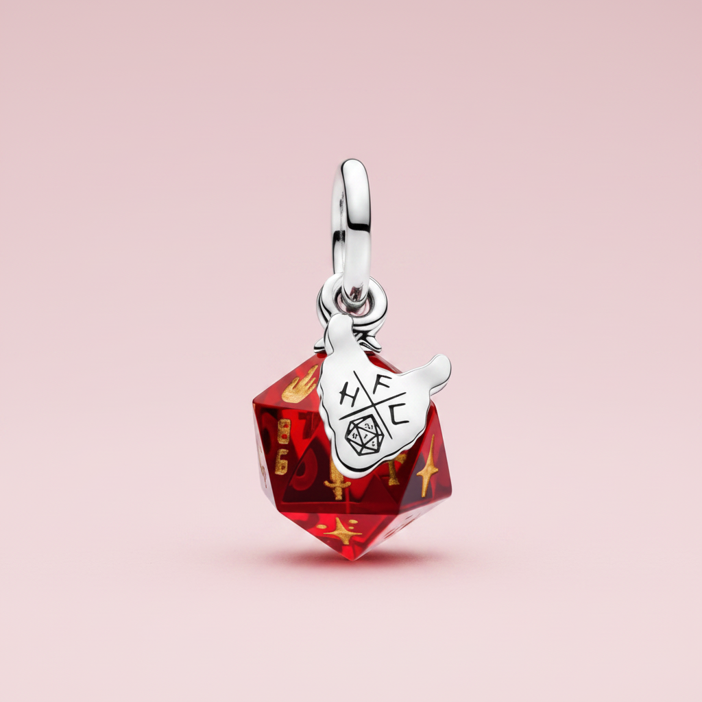 Red Dice and Shield Sterling Silver Charm on pastel pink background