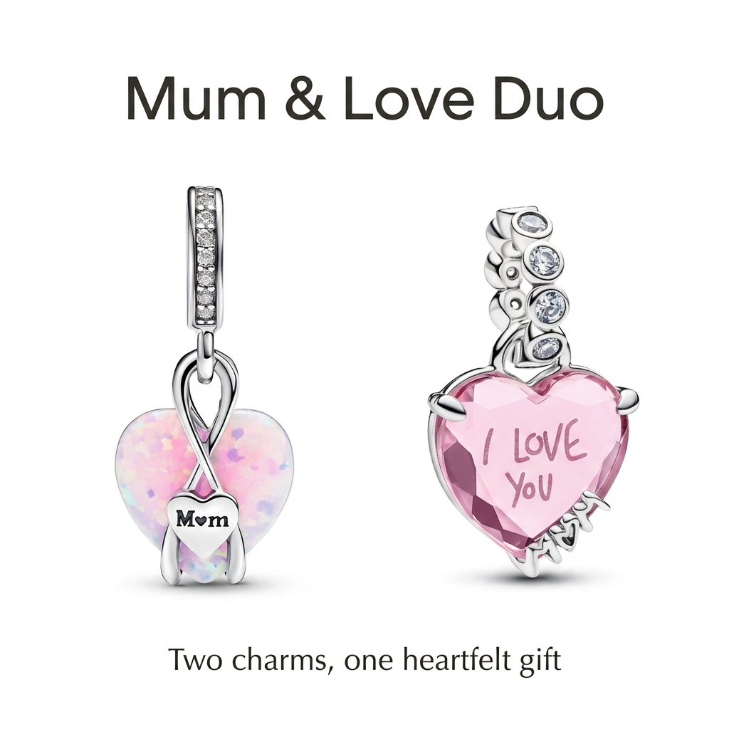 Opalescent Mum heart charm and pink I Love You heart charm with the caption Mum & Love Duo, Two charms, one heartfelt gift