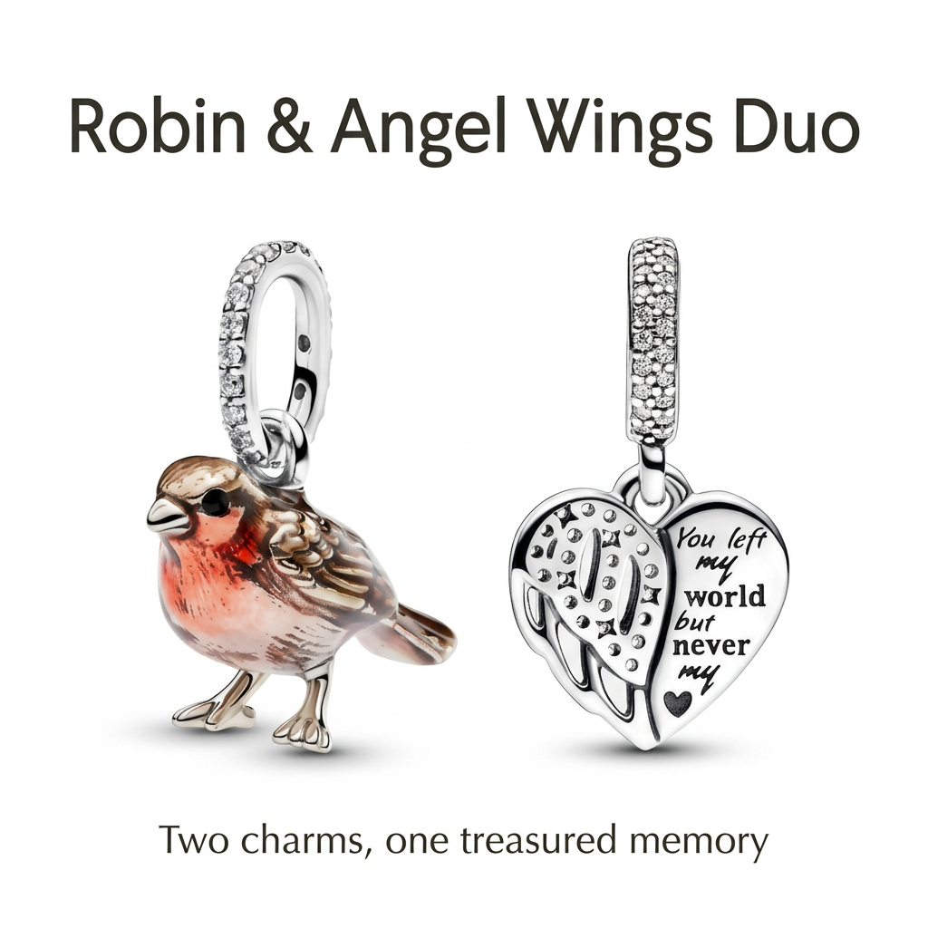 Robin and heart angel wing charms with text Robin & Angel Wings Duo and Two charms, one treasured memory
