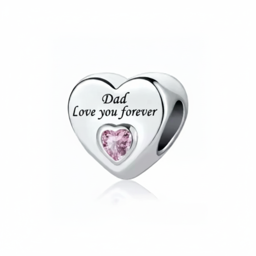 Close-up macro detail of Dad Love You Forever 925 sterling silver heart charm with pink CZ stone