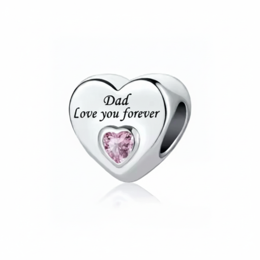 Close-up macro detail of Dad Love You Forever 925 sterling silver heart charm with pink CZ stone