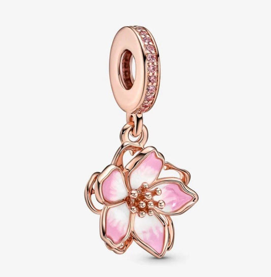 Rose Gold Cherry Blossom Dangle Charm Hallmarked S925 Sterling Silver