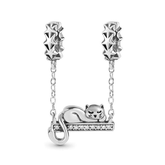 Sleeping Cat Safety Chain Charm Hallmarked S925 Sterling Silver